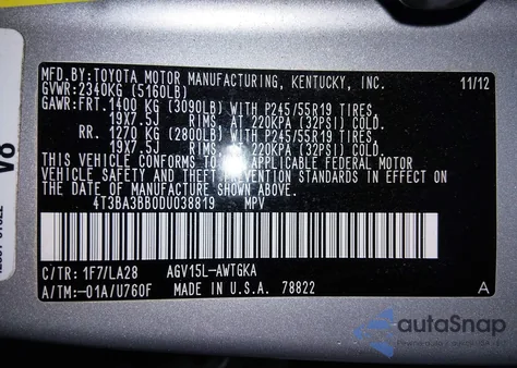 2013 Toyota Venza Xle z USA, uszkodzony, nr VIN 4T3BA3BB0DU038819